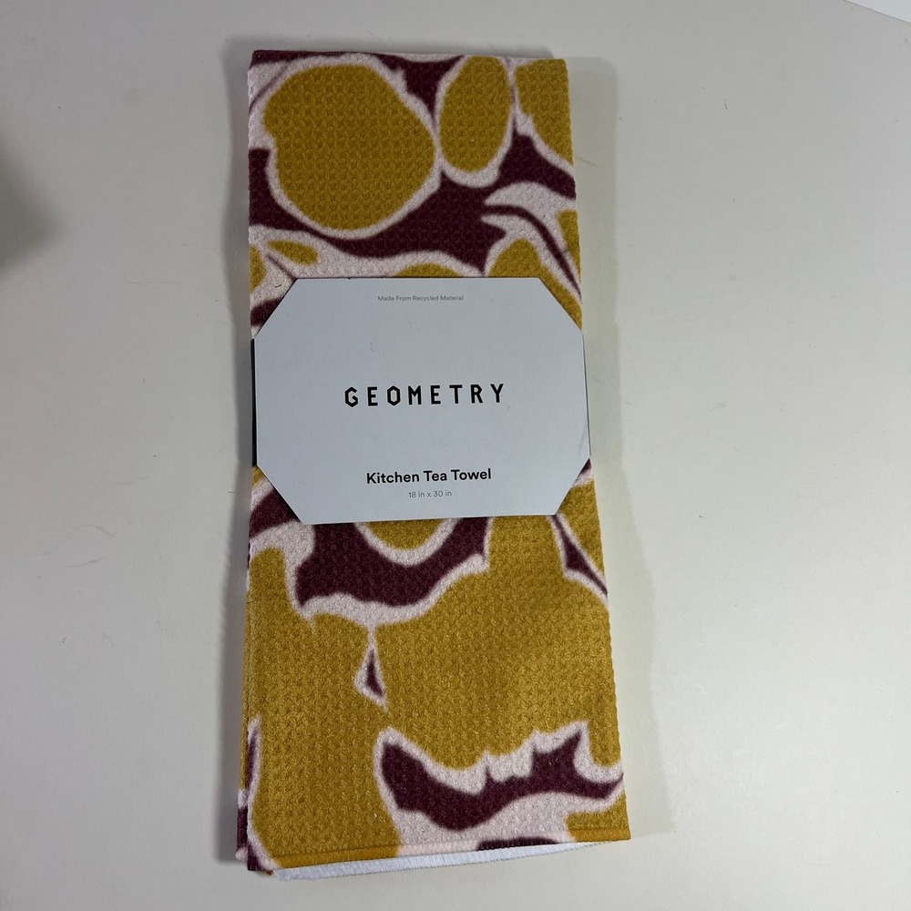Geometry Tea‎ Towel Abstract Floral Mustard Purple NIP 18 x 30"